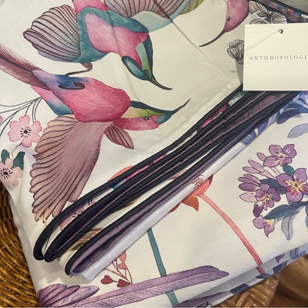 NEW Anthro Purple Floral Bird Boho Cotton Queen / King Bedding Duvet & Sham Set - Picture 10 of 13